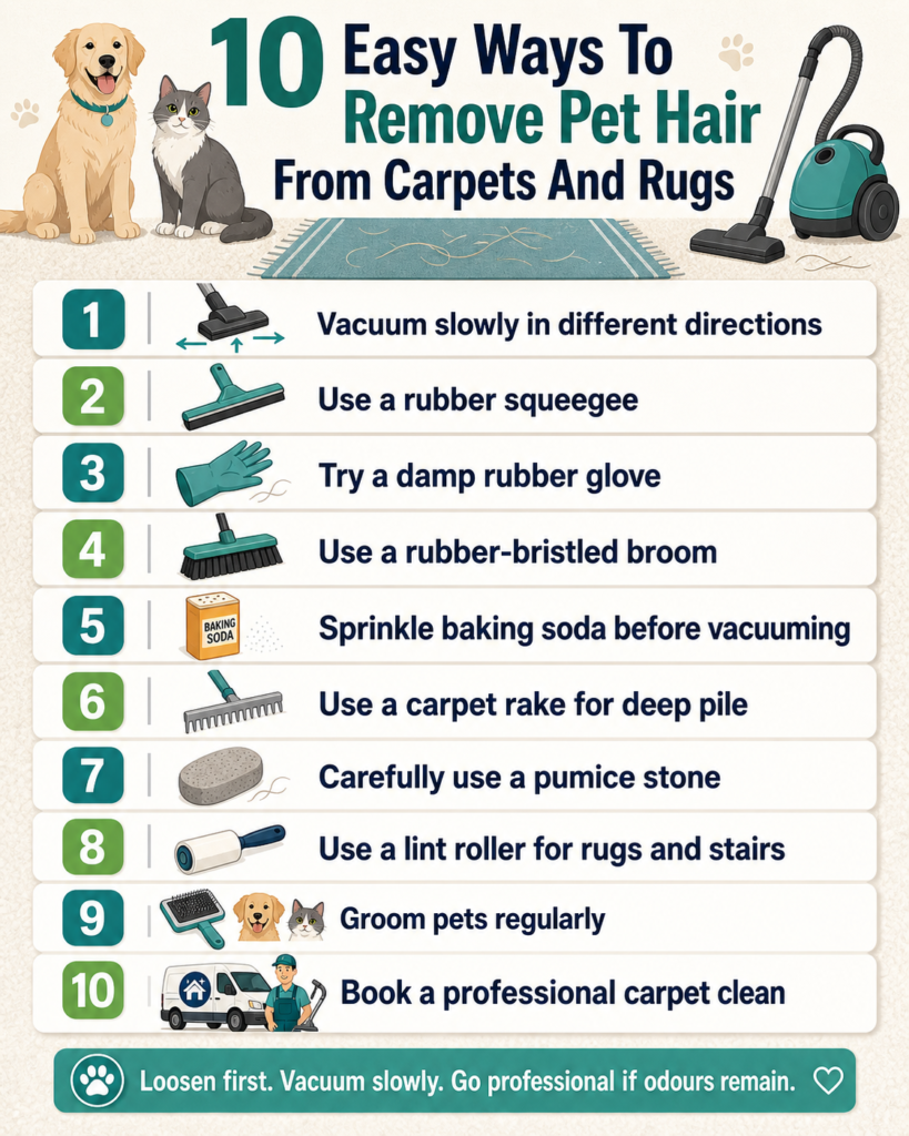 10 pet hair remover methods to get rid of pet hair from carpets, rugs, stairs, and edges using safe home cleaning tools.
