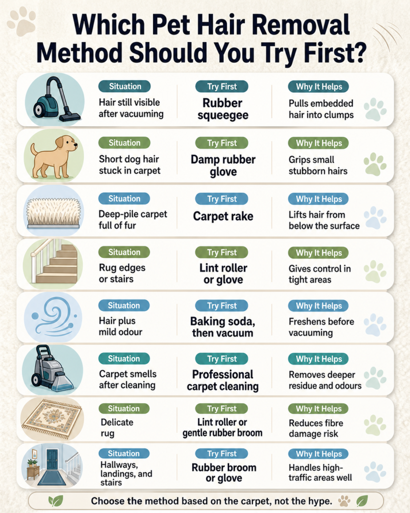Decision guide for choosing the best carpet pet hair remover based on carpet type, rug edges, stairs, odours, and deep pile.