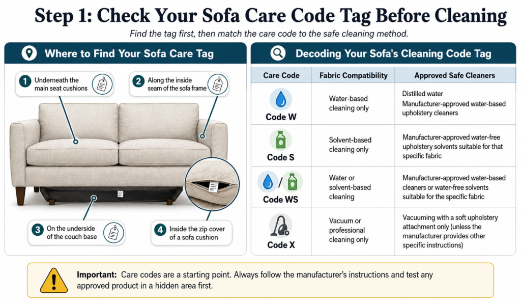 Infographic explaining how to find sofa care code tags and decode cleaning codes W for water, S for solvent, WS for both, and X for vacuum only.