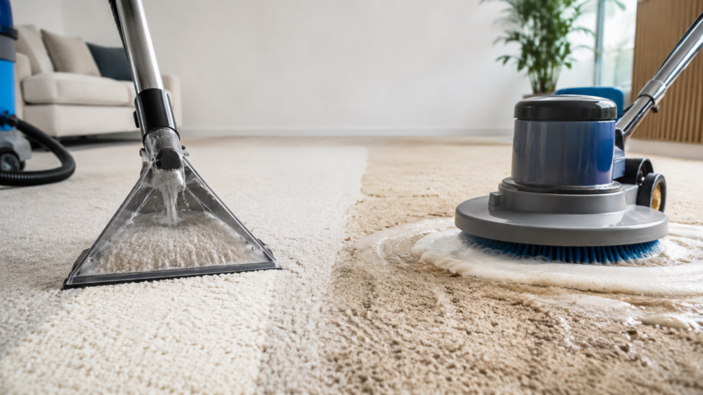 Professional carpet cleaning showing hot-water extraction and carpet shampooing methods side by side