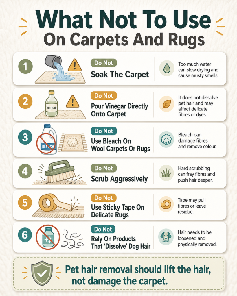 Safety guide showing what to avoid when trying to remove hair from rug fibres, carpets, wool rugs, and delicate surfaces.