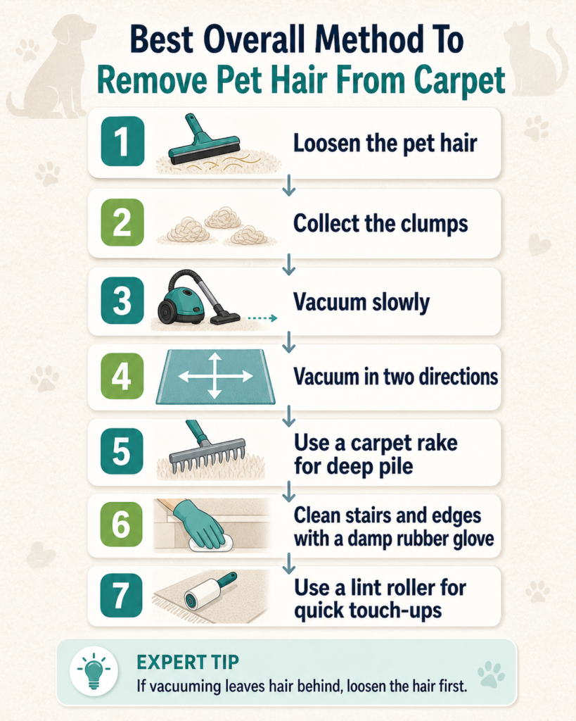 Step-by-step guide showing how to remove dog hair from carpet by loosening, collecting, and vacuuming pet hair properly.