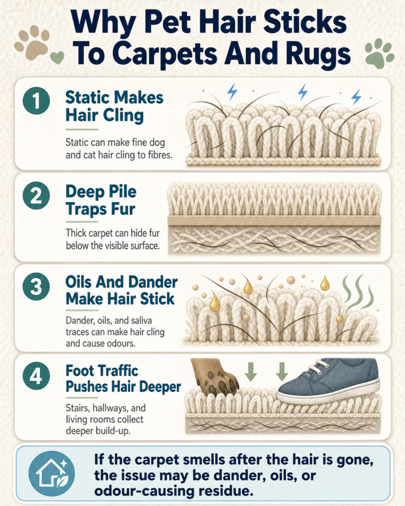 Visual guide explaining why pet hair sticks to carpets and rugs due to static, deep pile, dander, oils, and foot traffic.