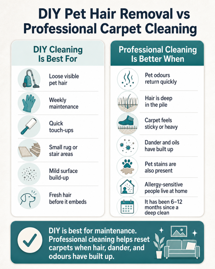 DIY vs professional guide for how to remove hair from carpet when pet hair, dander, odours, and stains have built up.