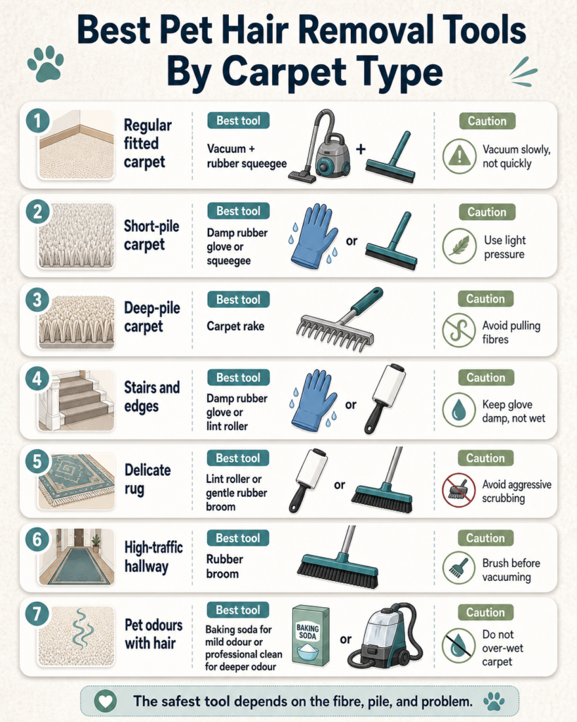 Comparison of hair removal for carpet tools, including squeegees, gloves, rakes, lint rollers, and rubber brooms.
